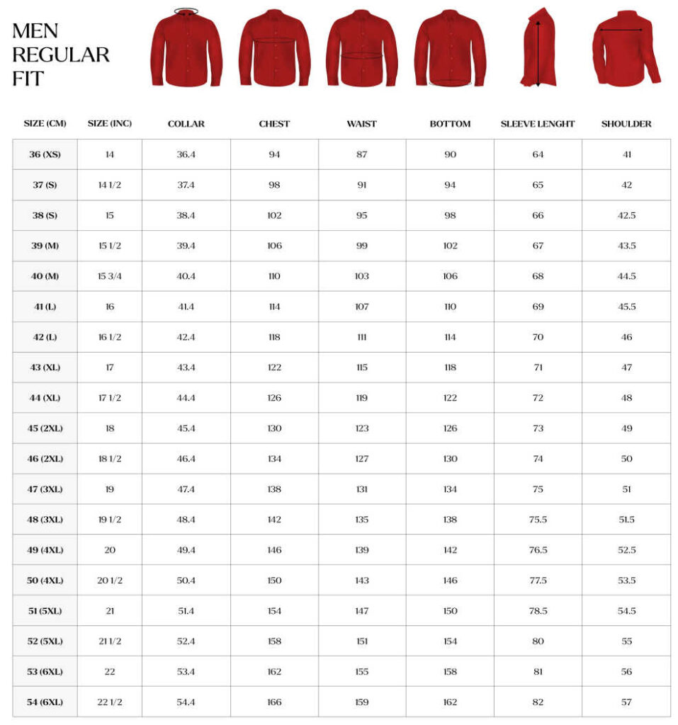 mens dress size chart